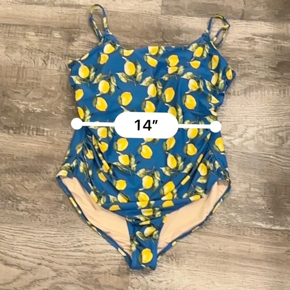Carole Hochman Blue Lemon Print One Piece Swimsuit Ruched XXL‎ 14 Womens